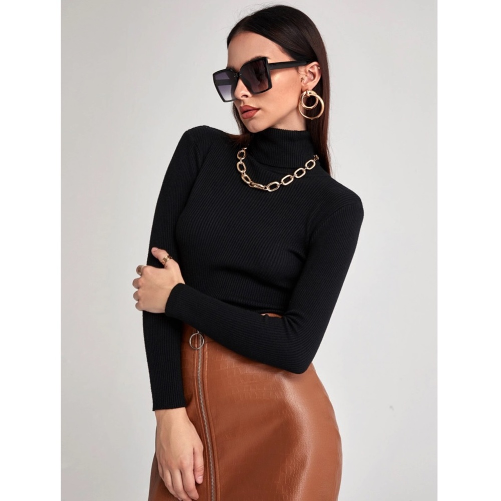 Black Rib Knit Turtle Neck Sweater Top - Picture 3 of 8